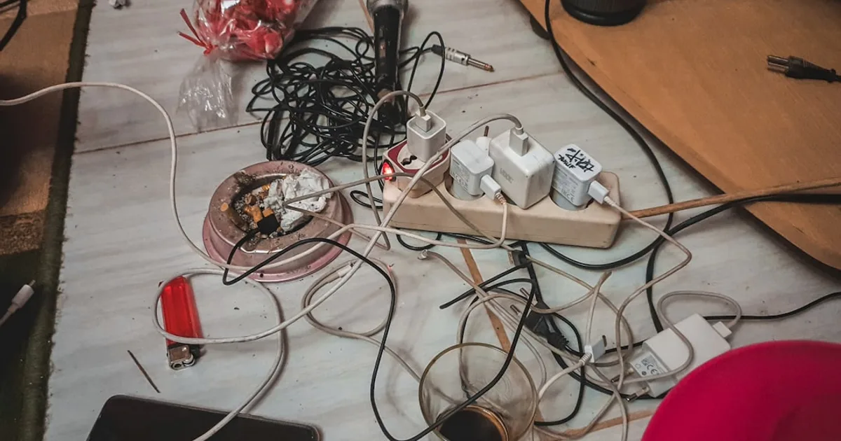 white power strip on brown wooden table