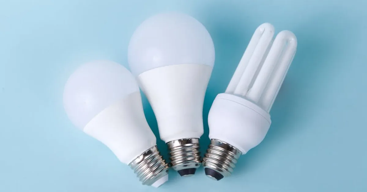 Three assorted LED and CFL light bulbs against a light blue background.
