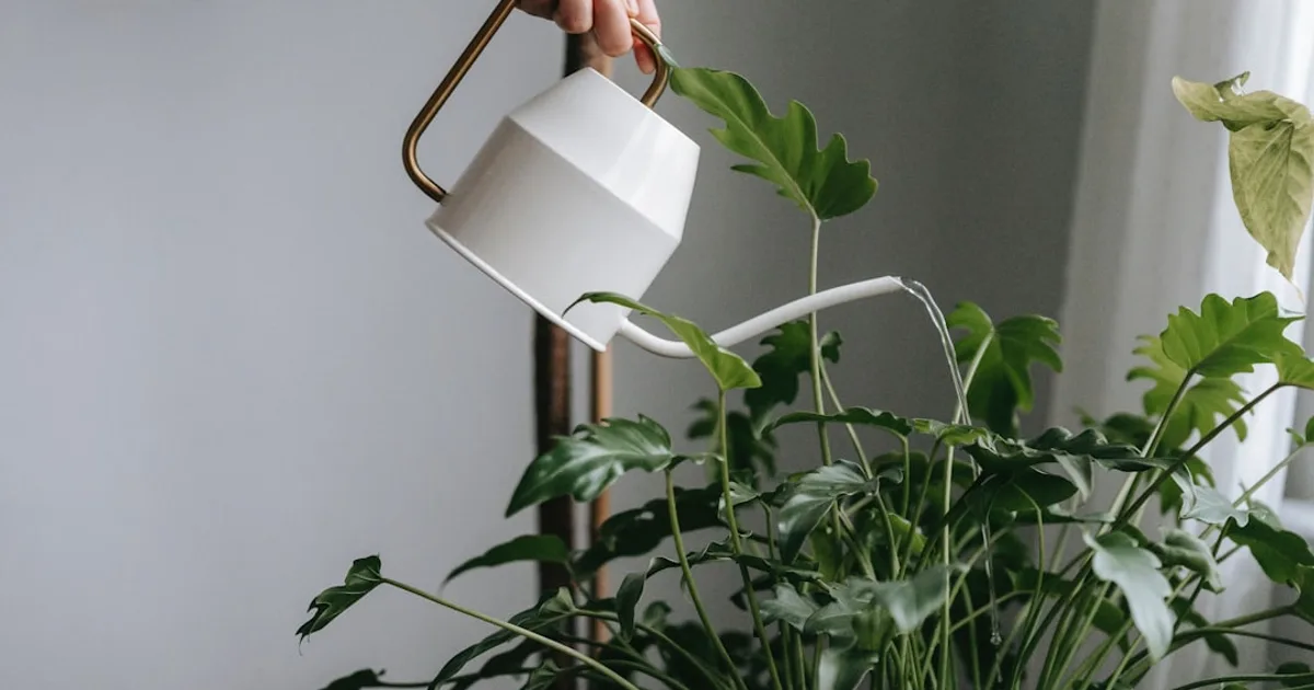 a woman watering a plant with a watering can